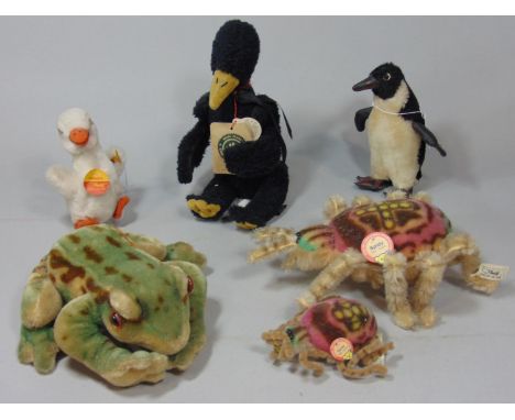 Collection of small Steiff toy animals all with pin in ear, unboxed, including 1960 replica 'Spidy' 401732 with baby spider, 