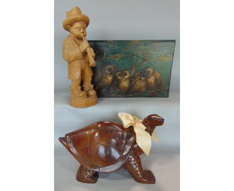 Oil on panel - Family of owls, seated on a branch by moonlight, a carved wooden figure of a tortoise and a carved figure of a