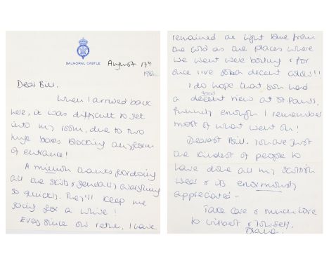 HRH Diana, Princess of Wales (1961-1997). An autograph letter signed by Diana in bold blue ink on two sides of one sheet, Bal