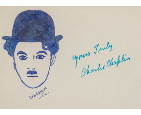 Charlie Chaplin (1889-1977). Autograph, signed in vibrant turquoise ink on vintage album page bearing an amateur sketch of th