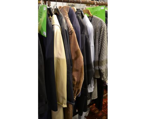 Modern costume including two full length Jaeger wool coats in pale blue and blue, navy Jaeger leather jacket, Jaeger trench c