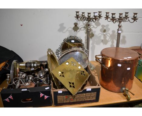 A group of 19th century and later copper and silver plate including copper hot water urn, pair of five light candelabra etc t