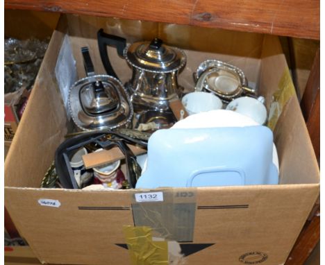 A Royal Worcester 'Roanoke' part tea set, a silver plated tea set, horse brasses, Royal Crown Derby, etc (one box) 