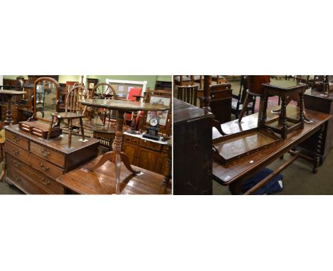 A group of furniture comprising a George III oak tilt top tripod table, a later tilt top tripod table, an oak stool and a 19t