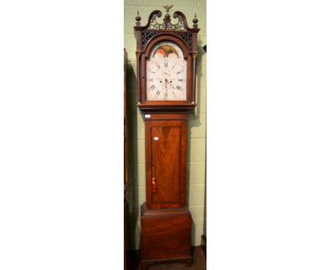 A mahogany eight day longcase clock, the arch painted moon faze dial signed Jno Gibson of Alnwick 