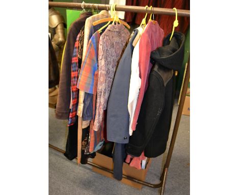 Assorted modern costume, including Gloverall black duffle coat, Toast navy mac, Vivienne Westwood Anglomania blue striped shi