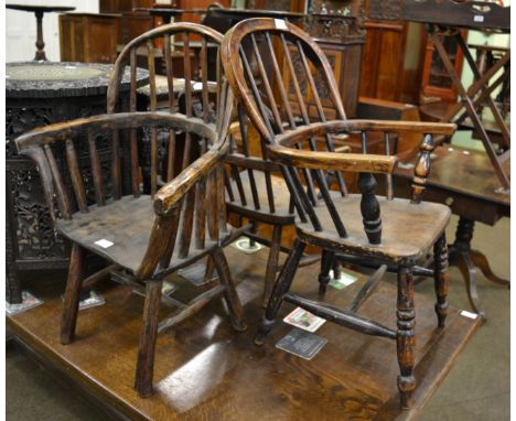 Two 19th century oak child's Windsor armchairs and a rustic stick back chair 