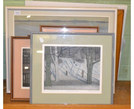 Derek Wilkinson (20th century) Clouded landscape, coloured crayon, signed, together with four prints after the same hand and 