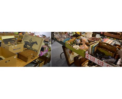 Six boxes of decorative ceramics, stationary and glassware, a quantity of pictures and prints and a hamper