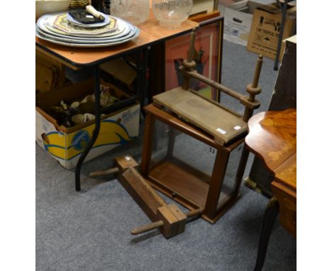 A quantity of collectables, light switches, two wooden presses, display cabinet etc 