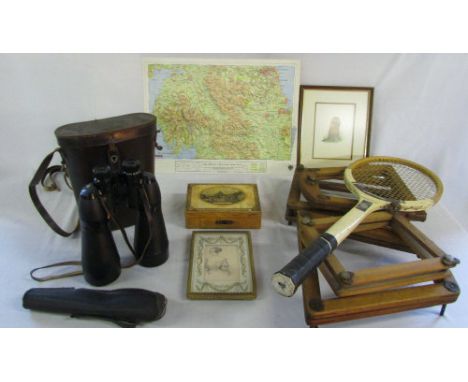 Pair of binoculars, tripod, Skegness wooden box, tennis racket & pictures etc