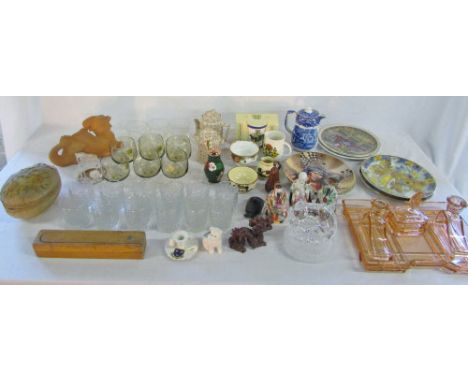 Assorted items inc various glassware inc bamboo whiskey tumblers & RCR crystal horse, dressing table set and ceramics inc Bri