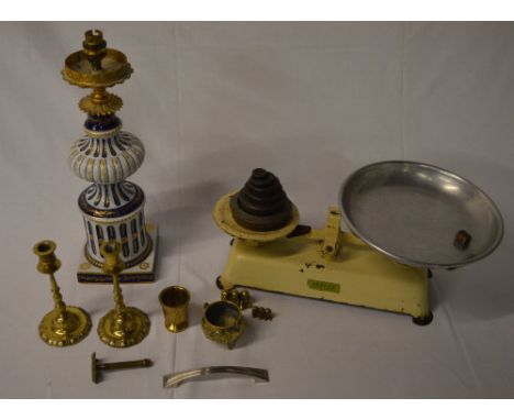 Ceramic lamp, Harper scales with weights, brass candlesticks etc