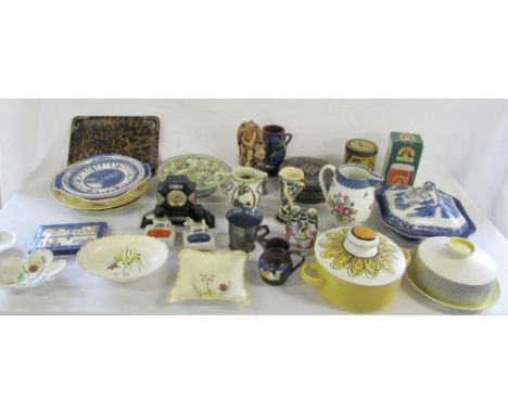 Selection of ceramics inc Midwinter, Hornsea, tins, clock, Pratt ware jug (a/f) etc