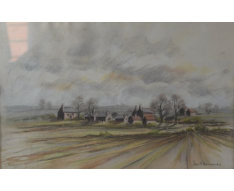 Joan M Hargreaves, framed pastel of a farmstead scene 67.5 cm x 52 cm