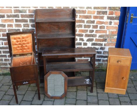 Sewing box, small wall mirror, cupboard and 2 bookcases