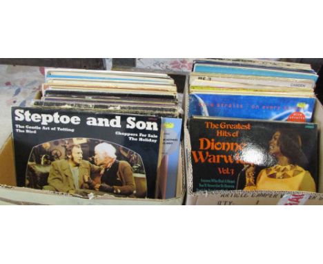 2 boxes of 33 rpm LPs inc Dire Straits, Elvis, Pink Floyd, Led Zepplin, Kraftwerk, Rolling Stones and The Doors