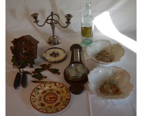 Cuckoo clock, Lincoln bottle, small wall barometer, various ceramics etc