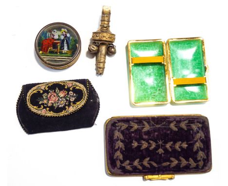 A Georgian silver gilt baby's rattle and whistle (teether missing), a card and brass mounted snuff box, two ladies purses and