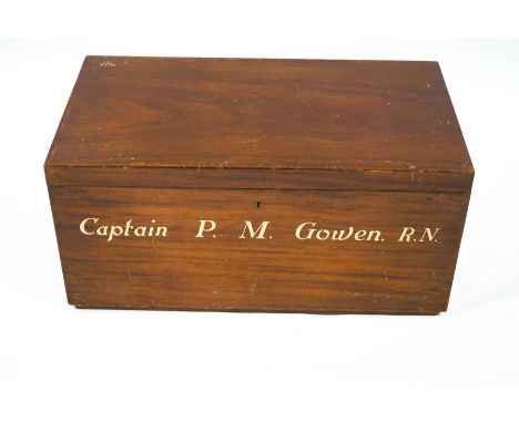 A mahogany two handled trunk, with painted name "Captain P M Gowen R,N," 37.5cm high x 79.5cm wide x 44cm deep