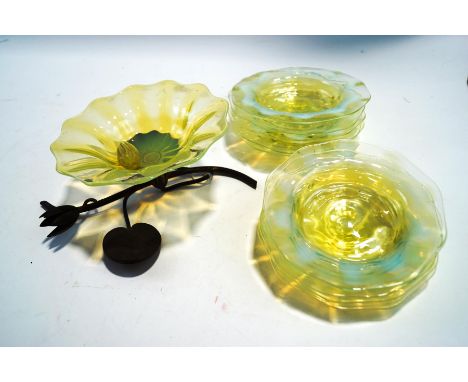 A set of ten Whitefriars Straw Opal dishes, 14.5cm diameter, and a Vaseline glass centrepiece on a naturalistic metal stand