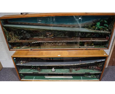 A pair of glazed display cases for model cars, and metal stand, cases 183cm and 160 cm wide