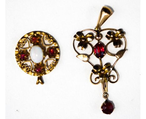 An Edwardian paste set pendant; and a gilt metal opal and ruby set pendant