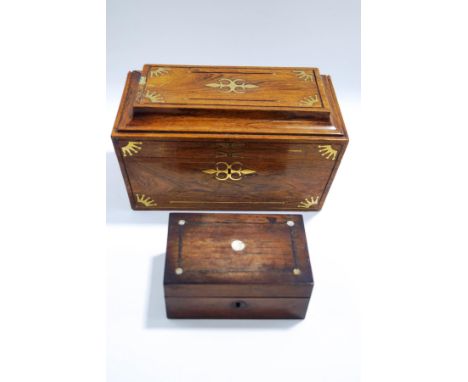 A Regency rosewood tea caddy, brass inlay and two lidded compartments, and a Victorian box with mother of pearl inlay