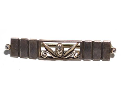 Georg Jensen, a mid 20th Century silver rectangular brooch with a central pineapple and leaf open panel, maker's mark & stamp