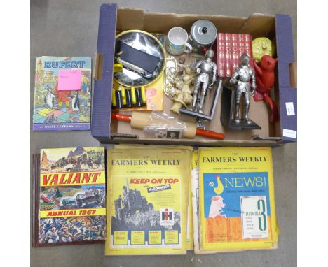 Assorted items including early 20th Century sports collectors cards, annuals, Wade Whimsies, miniature dolls tea service, Mar