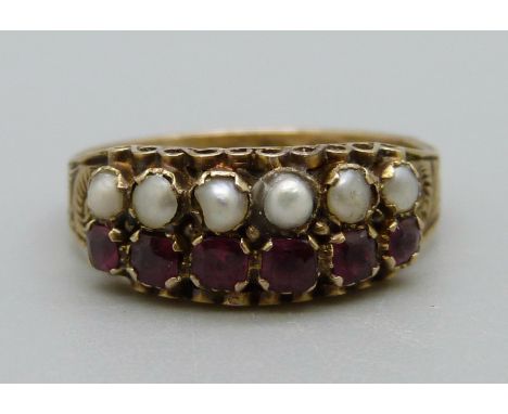 A Victorian 12ct gold, amethyst and split pearl ring, Birmingham 1870, 2.4g, M 