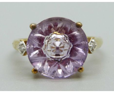 A 9ct gold, Torus cut amethyst and diamond ring, signed Lehrer, with box, 2.8g, O 