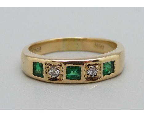 A yellow metal, emerald and diamond ring, 5.5g, O 