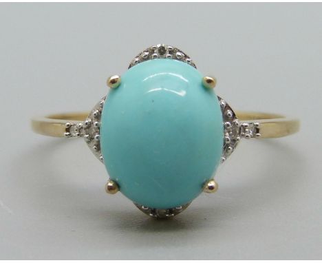 A 9ct gold, turquoise and diamond ring, 2.6g, U 