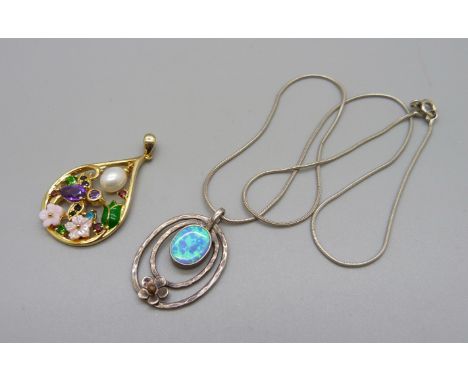 A silver gilt and enamel pendant and a silver and synthetic opal pendant 