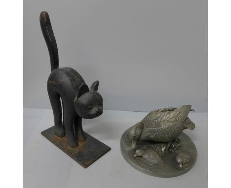 Mallard Time by Robert K. Davis, 1981, The Franklin Mint and a metal cat door stop 