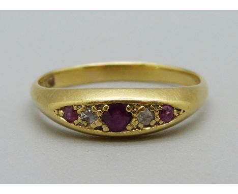 A Victorian 18ct gold,  diamond and ruby ring, 3.5g, O 