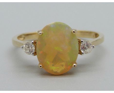 A 9ct gold, Egyptian opal and white stone ring, 1.8g, N 