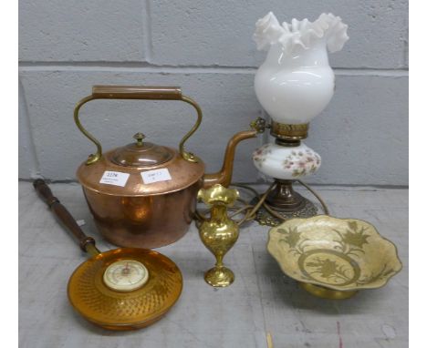 Metalware including a copper kettle, a brass vase etc., and a brass and glass lamp 