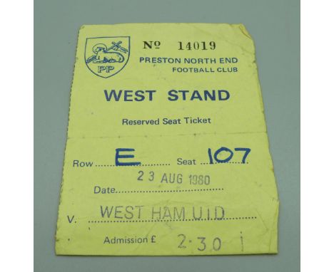 Football; Bobby Moore autographed ticket, Preston v West Ham 1980 
