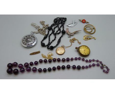 Vintage costume jewellery including rolled gold and two pocket watches 