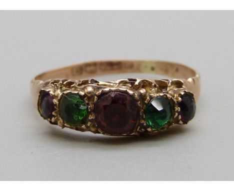 A Victorian 9ct gold, five stone ring, Birmingham 1863, 1.3g, N 