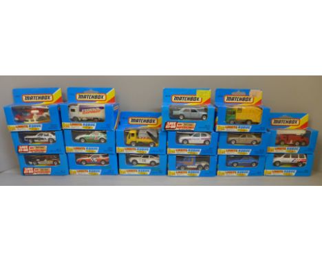 Sixteen light blue box Matchbox model vehicles 