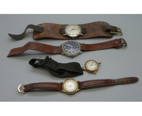 Four wristwatches; a lady's 9ct gold Centaur, Timex, Ronet and one other 