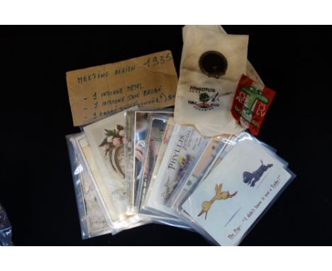 A COLLECTION OF VINTAGE POSTCARDS, a 1935 Dornbirn aeriel meeting embroidered handkerchief with matching material badge and a