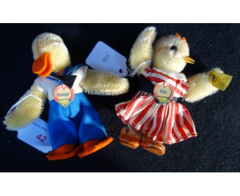 STEIFF; A VINTAGE PLUSH DUCKLING, 'KIKI' with button and yellow label, with original card name, 11cm high and a Steiff duck, 