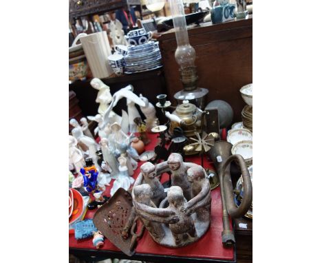 STEEL FIRE IRONS, an oil lamp a brass kettle and other items