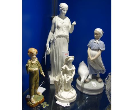 A ROYAL WORCESTER FIGURE by F G Doughty 'The Parakeet' (examine), a Worcester blanc de chine figure and two Royal Copenhagen 