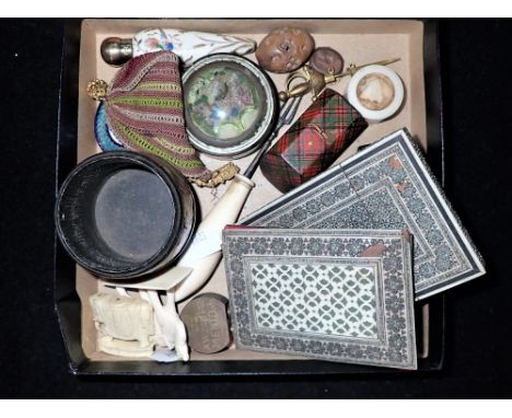 A VICTORIAN TARTAN WARE BOX, another similar enamel pill box and sundries