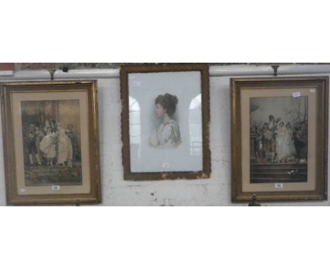AN EDWARDIAN PORTRAIT OF A WOMAN ON OPAQUE GLASS in gilt frame and two gilt framed prints
